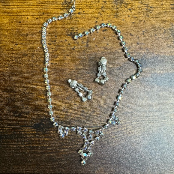 Coro Blue AB Crystal Set Choker Necklace Screw Back Earrings Demi Parrure - Picture 10 of 16